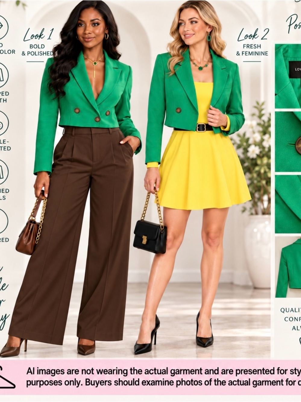Medium NWT Love Tree Women’s Kelly Green, Cropped Double Breasted Blazer Jacket